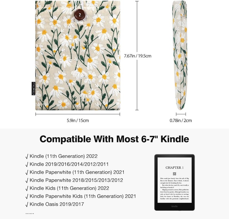 MoKo 6-7" Embroidered Daisy Padded Sleeve Pouch for Fire 7 2022, 7" Kindle Colorsoft Signature Edition 2024, Kindle 11/10/8 Gen, Paperwhite 11th/10th Gen, Pouch for Voyage/Kobo eReader, Beige - Image 2